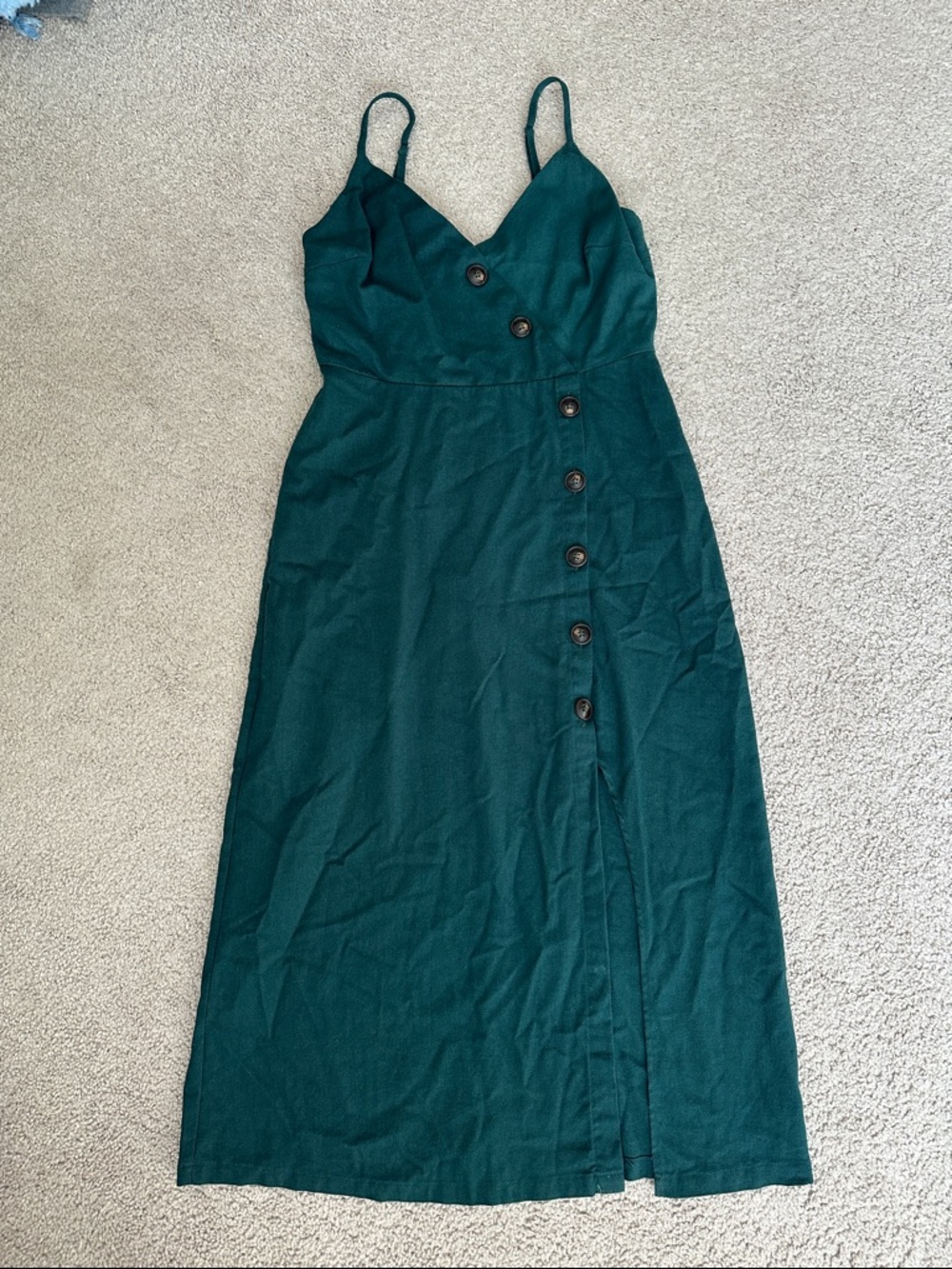 Lush Forrest Green Spaghetti-Strap Button-Front Midi Dress- Size Medium